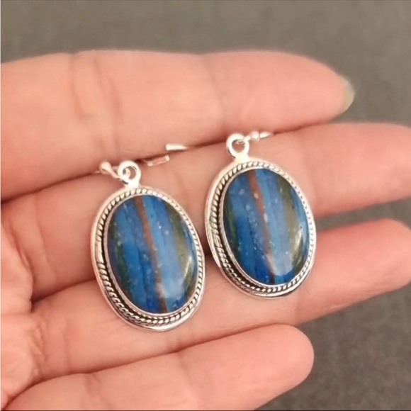 Boho Rainbow Calsilica Earrings, Large Oval Stone Earrings NWT - Picture 3 of 9